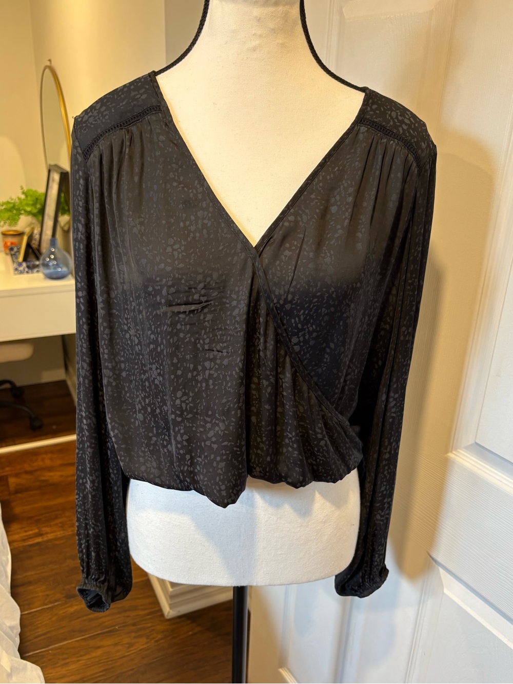 Gentle Fawn Black Satin Jacquard Wrap Blouse S